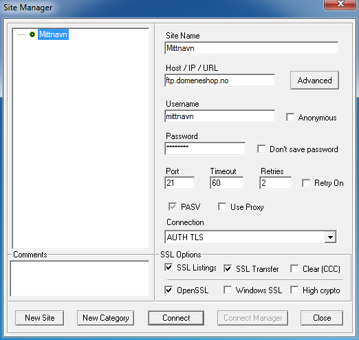 CoreFTP innstillinger